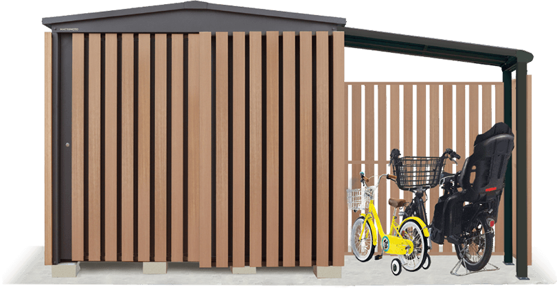 おすすめ④ マツモト物置｜おしゃれな木製扉付きの物置兼用サイクルポート